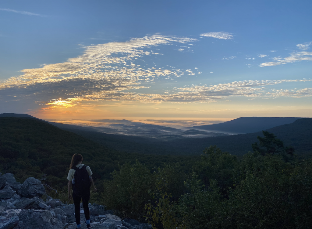The sun rises from behind mountain scenery to be obscured by thin, white clouds in a sky of yellows and blues. A girl stands in the foreground, looking away from the camera at the sunrise in the distance..